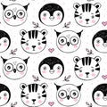 Vector cute seamless pattern with tiger, penguin, owl illustrations. Cartoon hand drawn texture with baby animal Royalty Free Stock Photo