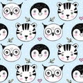 Vector cute seamless pattern with tiger, penguin, owl illustrations. Cartoon hand drawn texture with baby animal Royalty Free Stock Photo