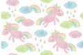 Vector cute seamless pattern, unicorns in clouds.