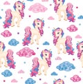 Vector cute seamless pattern, unicorns and clouds.