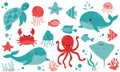 Vector cute set with sea animals and algae. Marine collection with whale, octopus, fish, crab