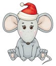 Vector cute,  sitting, grey  mouse  cartoon in Christmas hat. Royalty Free Stock Photo