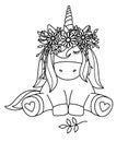 Vector cute sitting unicorn in wreath.