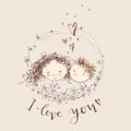 Vector cute sketchy style younge couple. Valentine`s card. The f