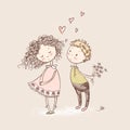 Vector cute sketchy style younge couple. Valentine`s card. The f