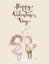 Vector cute sketchy style younge couple. Valentine`s card. Happy