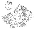 Vector cute, sleeping unicorn in bed.