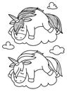 Vector cute, sleeping unicorn on cloud, black silhouettes.