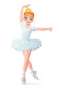 Vector cute smiling young dancing ballerina girl in white tutu.