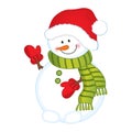 Vector Cute Snowman in Red Hat and Green Scarf Royalty Free Stock Photo