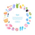 Vector cute spa, skincare and massage cartoon flat elements background. Sheet mask, glass jar cream, serum, gloves