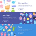 Vector cute spa, skincare and massage cartoon flat elements horizontal banners set. Sheet mask, shampoo, cream, serum