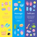 Vector cute spa, skincare and massage cartoon flat elements vertical banners set. Sheet mask, shampoo, cream, serum