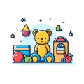 Vector of a cute teddy bear sitting on a colorful pile of toys