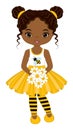 Beautiful Black Girl Holding Bouquet of Flowers. Vector Bee Girl Royalty Free Stock Photo