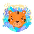 Vector cute tiger face in the jungle. For print on a T-shirt, a picture in the nursery.