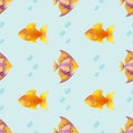 Vector cute tiny goldfishes and shiny exotic fishes seamless pattern. Colorful kids aquarium background with bubbles