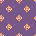 Vector cute tiny shiny tropical exotic fishes seamless pattern. Purple kids aquarium background with bubbles