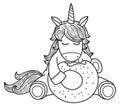 Vector cute unicorn cartoon eating donut.