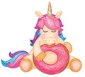 Vector cute unicorn cartoon eating donut.