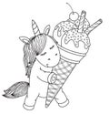 Vector cute unicorn cartoon holding ice cream.