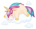 Vector cute, unicorn cartoon sleeping on cloud.