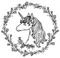Vector cute unicorn in floral frame. Royalty Free Stock Photo
