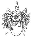 Vector cute unicorn in wreath, black silhouette.