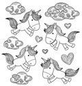 Vector cute unicorns with clouds and heart elements.