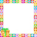 Vector cute vibrant hearts phot frame with colorful orange present in corner Royalty Free Stock Photo