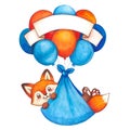 Vector of a cute watercolor baby boy fox flying on air balloons Royalty Free Stock Photo