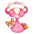 Vector of a cute watercolor baby girl fox flying on air balloons Royalty Free Stock Photo