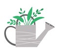 Vector cute watering can with green plants icon isolated on white background. Flat spring garden tool illustration. Funny Royalty Free Stock Photo