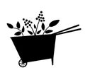 Vector cute wheel barrow silhouette icon isolated on white background. Flat spring garden tool illustration. Funny gardening