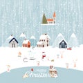 Vector cute Winter wonderland at countryside with snow falling, rabbit ,polar bear playing ice skate in the park, people skiing on