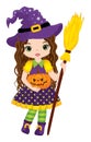 Vector Black Witch Holding Broomstick and Pumpkin. Vector Halloween Witch Royalty Free Stock Photo