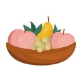 Vector cute wooden bowl with apples, pears, leaves. Autumn garden clipart. Funny flat style fruit plate illustration isolated on Royalty Free Stock Photo