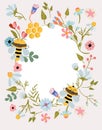 Vector cute wreath with wildflowers flowering and honey bees. Composition for your greeting cards, wedding, postcard Royalty Free Stock Photo
