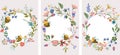 Vector cute wreaths with wildflowers flowering and honey bees. Composition for your greeting cards, wedding, postcard Royalty Free Stock Photo