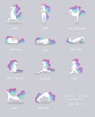 Vector cute yogi unicorn in different stretching poses.