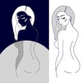 Vector cute young lady outlined silhouette on white and dark Royalty Free Stock Photo