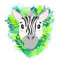 Vector cute zebra face in the jungle. For print on a T-shirt, a picture in the nursery.