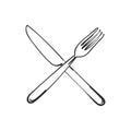 Vector cutlery, Fork and knife crossed linear sketch isolated pictogram, Kitchen dining utensils, Hand drawn black Royalty Free Stock Photo