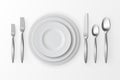 Vector Cutlery Set of Silver Forks Spoons and Knifes with Plates Top View on White Background. Table Setting Royalty Free Stock Photo