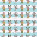 Vector cyan stripes vertical anthropomorphic characters seamless pattern background