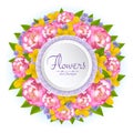 Vector 3d banner with realistic flowers of rose, celandine and viola. Floral round wreath