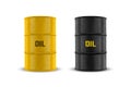 Vector 3d Barrels. Yellow and Black Steel Simple Glossy Metal Enamel Barrel with Oil Set. Fuel, Gasoline Barrel Icon Set Royalty Free Stock Photo