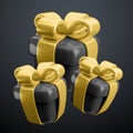 Vector 3d Black Friday gifts concept. Cute luxury black present boxes with gold ribbon, bow on black background