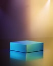 Vector 3d blue cube rendering podium with digital yellow purple blank wall. Minimal abstract background geometric shape cyan