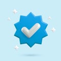 Vector 3d Blue Verified Badge concept. Trendy plastic blue round starburst badge with checkmark and sparkles, approved